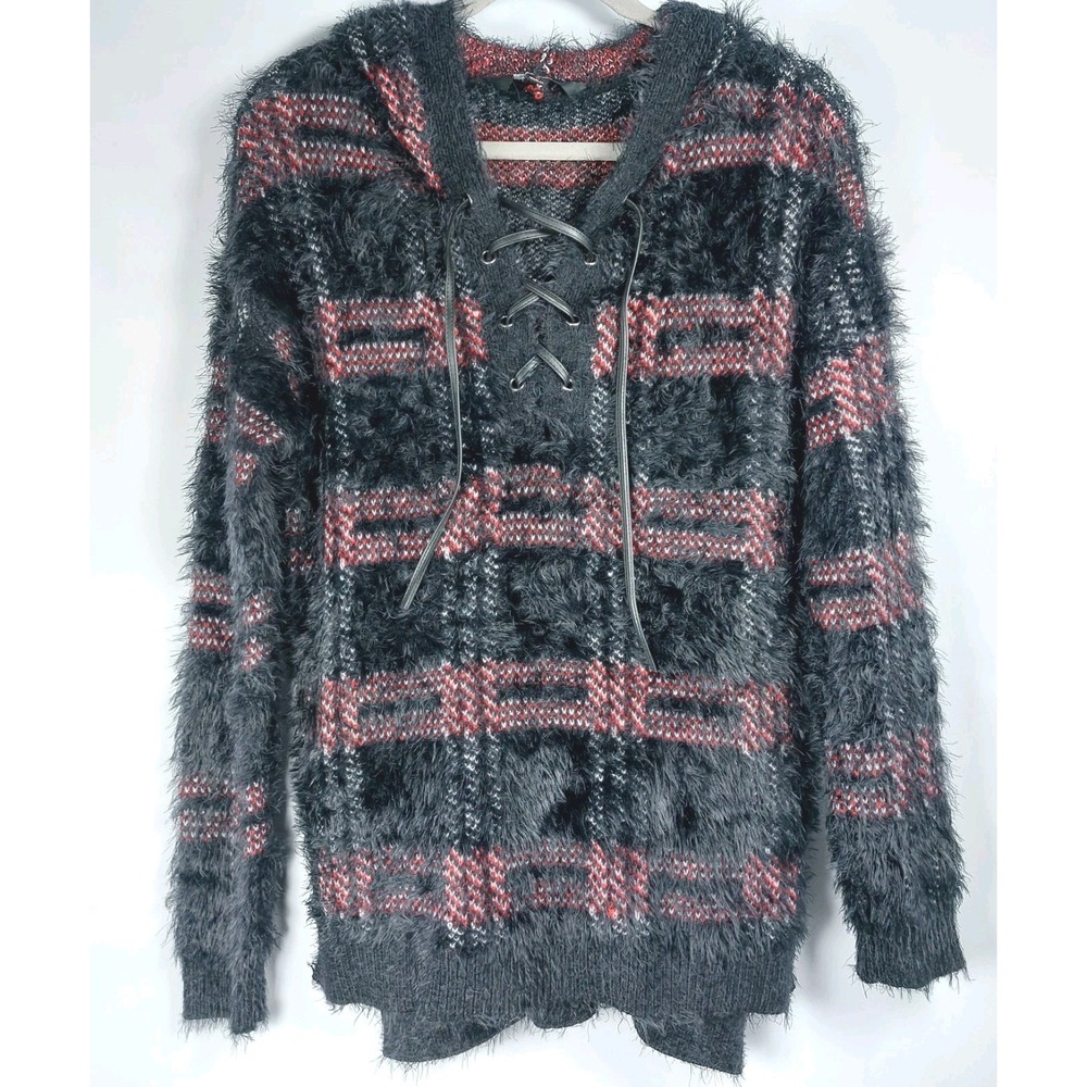 Rock & Republic Hooded Red Black Plaid Sweater Womens Small Lace Up‎ Cozy Soft